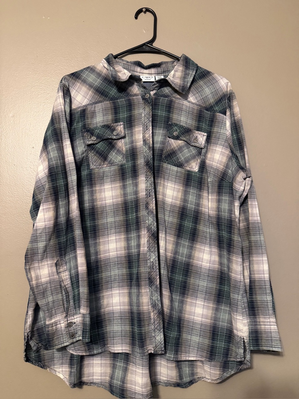 Cato Men’s Green and White Plaid Button-Down Shirt